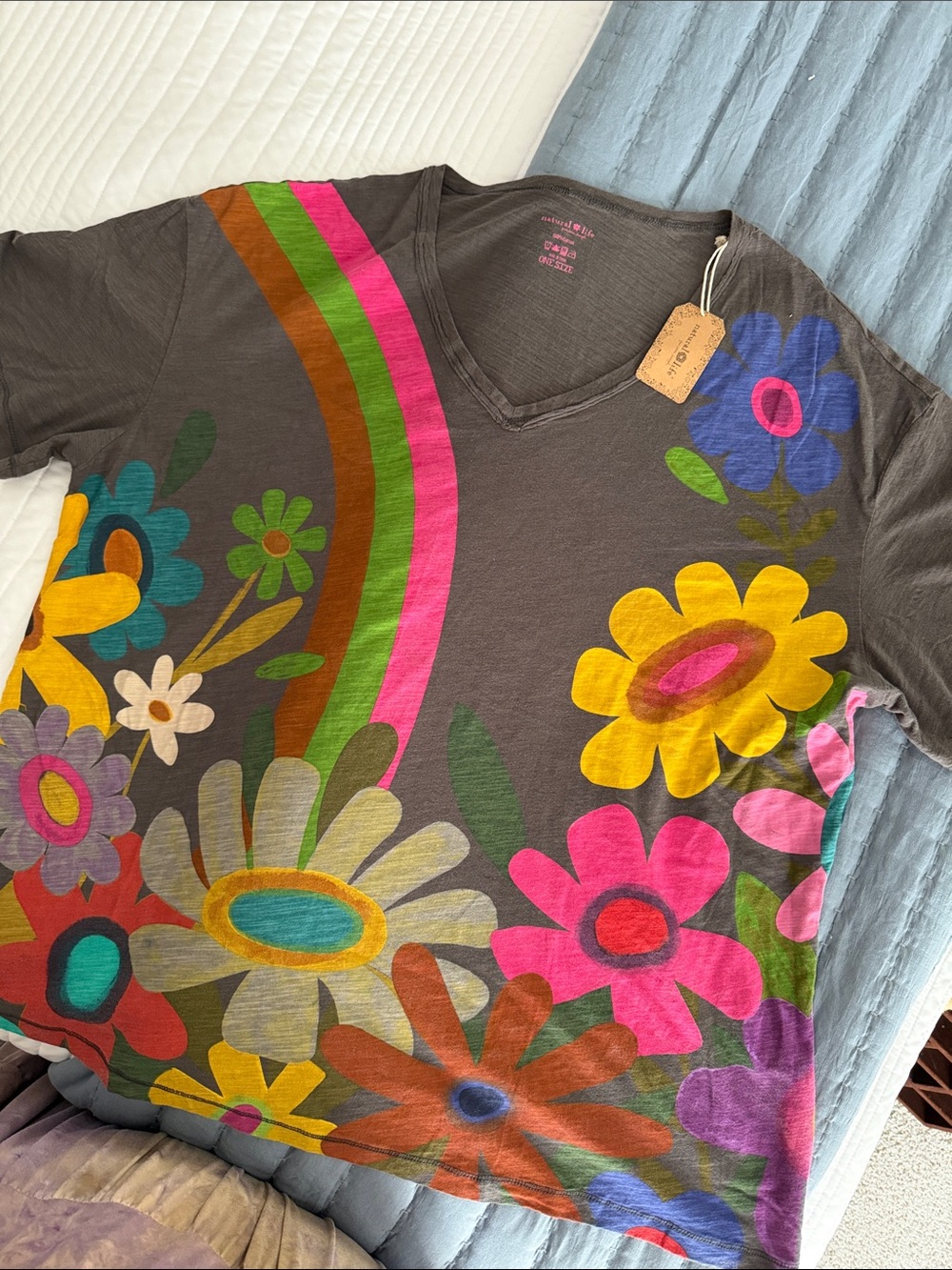 Woman’s Floral Rainbow V-Neck Shirt - Gray with Multicolor Flowers